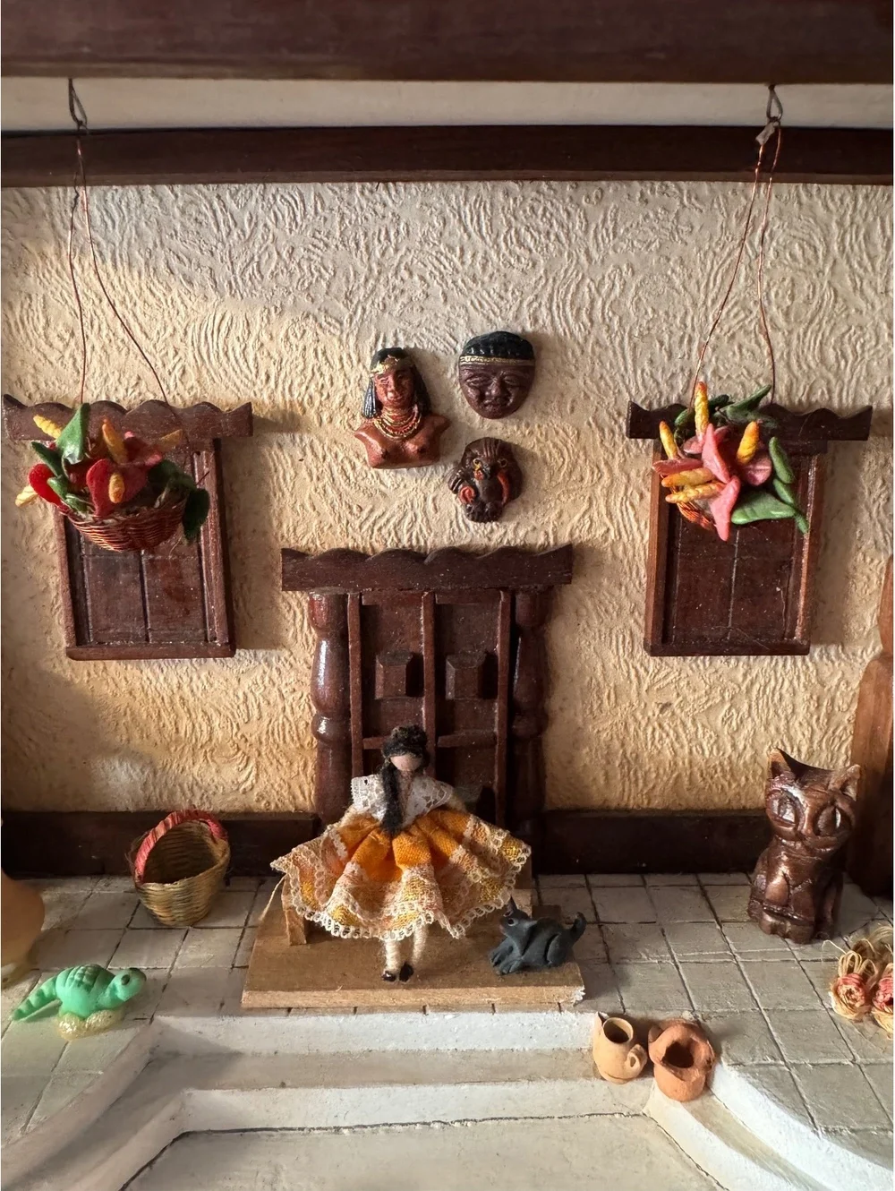 Handmade Rustic House Model with Red Tiled Roof and Detailed Decor